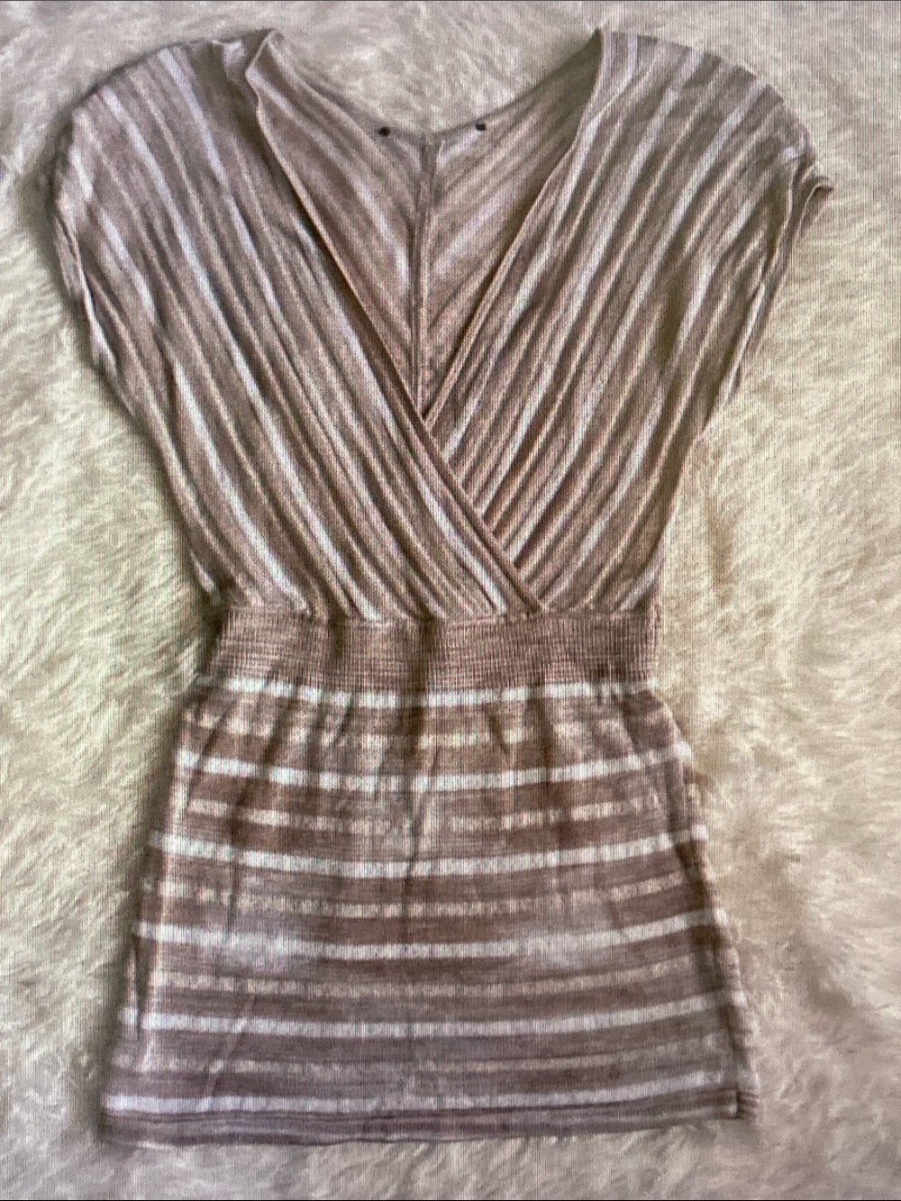 Striped Taupe Knit Mini Dress with Wrap Front